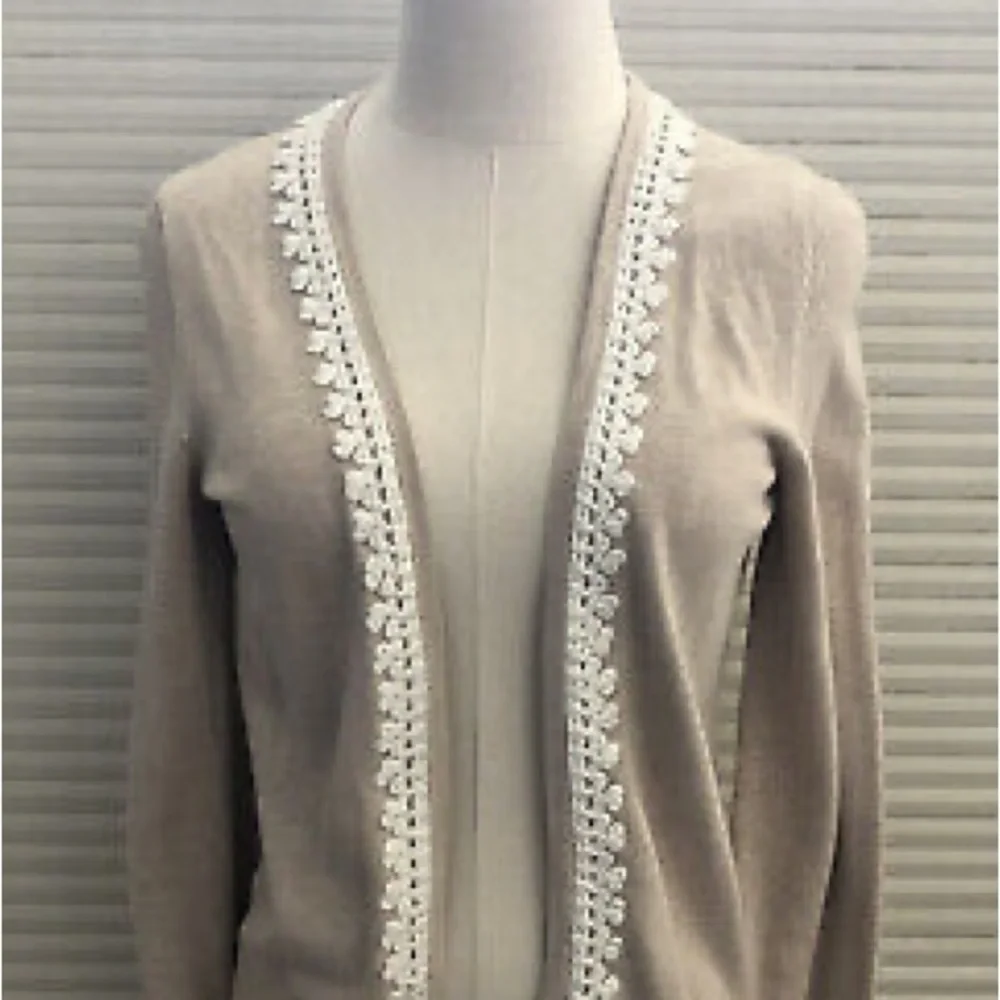 Banana Republic Tan Beige Cotton Knit Open Front Cardigan Lace Crochet Trim XS - Picture 10 of 14